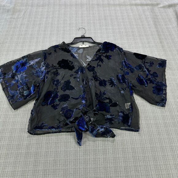 Lovestitch Blue Burnout Velvet Top Medium Floral Tie Front Boho Whimsigoth Sheer - Picture 1 of 9